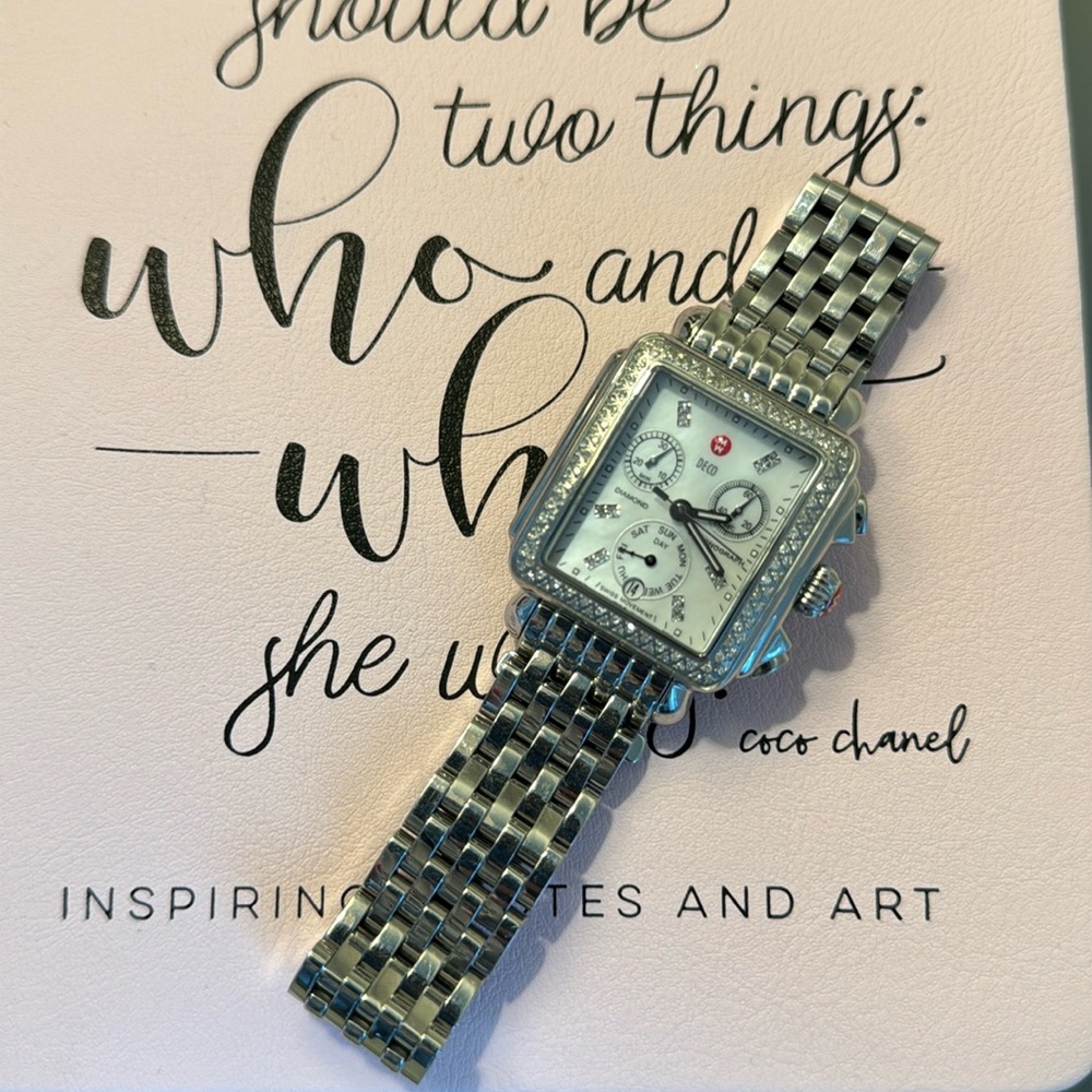 MICHELE Women's Deco Analog Display Swiss Quartz Silver Watch